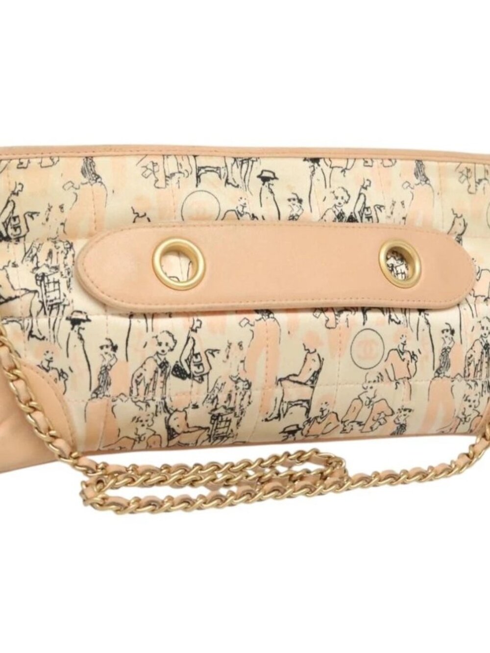 CHANEL Accessory Pouch Silk Beige Gold CC Auth 125970